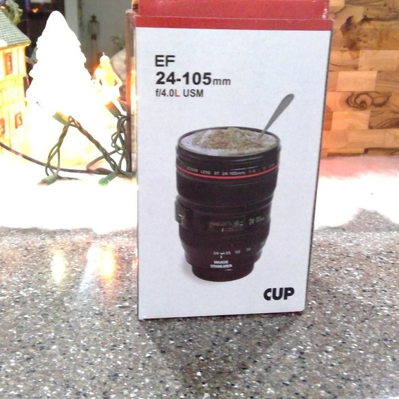 Camera Lens  Ultrasonic Zoom Lens Travel Coffee Cup  W Spoon*NEW* - Picture 1 of 2